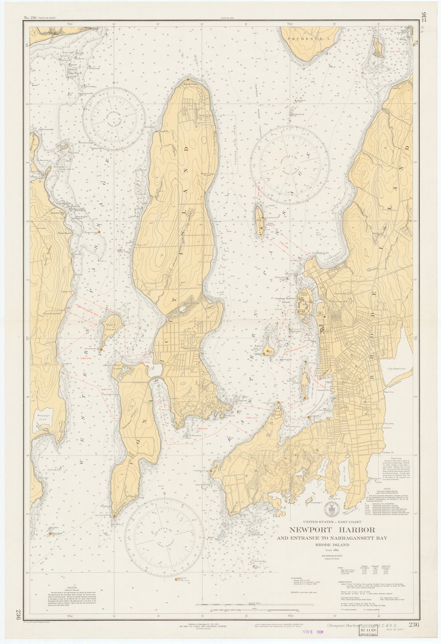 Narragansett Bay & Newport Harbor Map - 1934