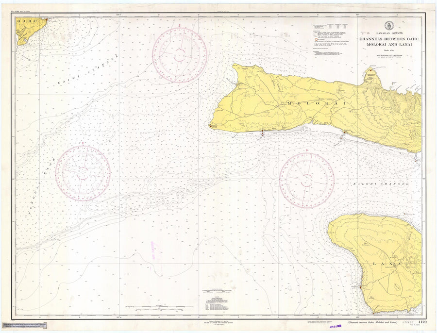 Oahu, Molokai, Lanai Channels Map - 1942