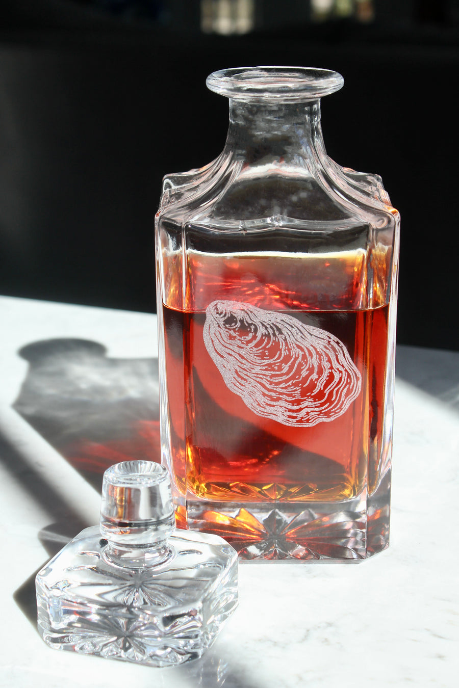 Oyster Engraved Whiskey Decanter - 26oz Square Crystal Decanter with Stopper