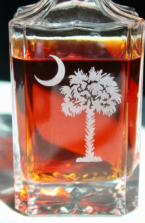 Palmetto & Moon Engraved Whiskey Decanter - 26oz Square Crystal Decanter with Stopper