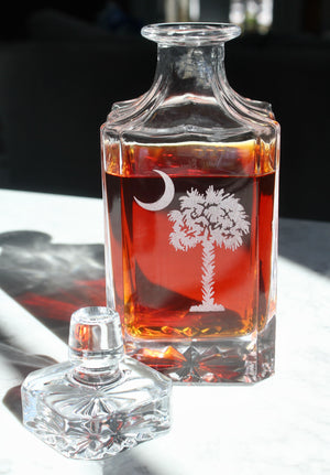 Palmetto & Moon Engraved Whiskey Decanter - 26oz Square Crystal Decanter with Stopper
