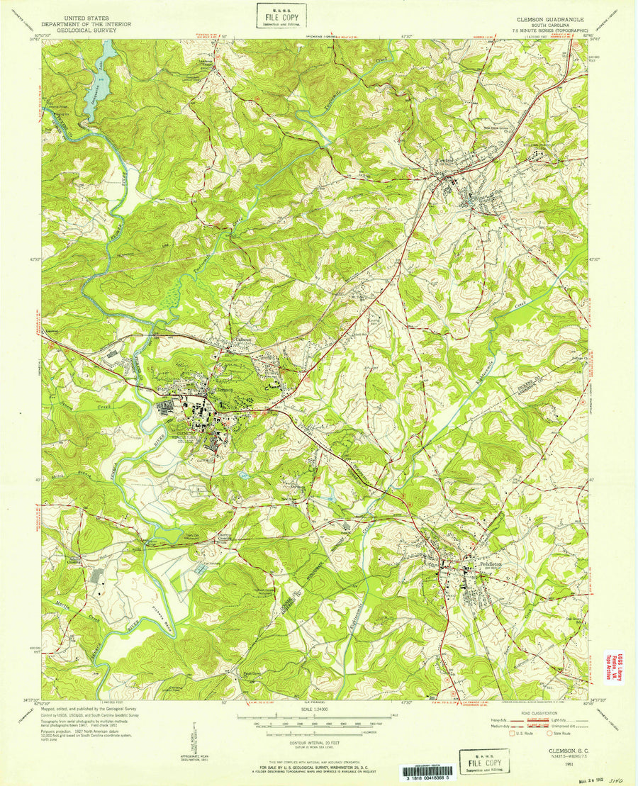 Clemson South Carolina Topographic Map - 1951