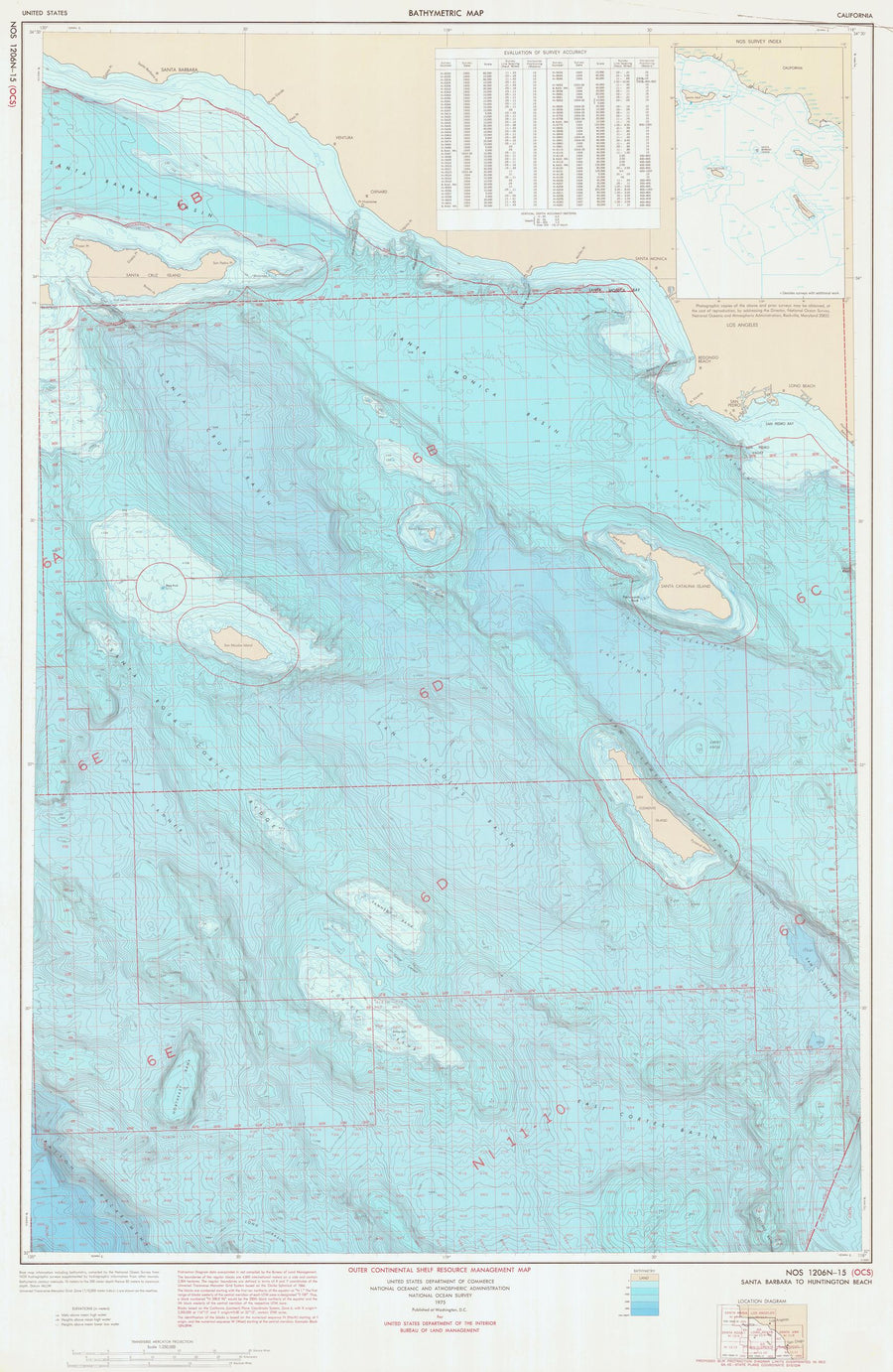 Santa Barbara to Huntington Beach Bathymetric Fishing Map - 1975