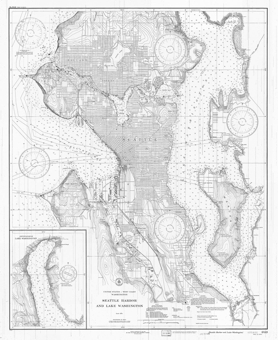 Seattle Harbor and Lake Washington Map - 1934 (B&W)