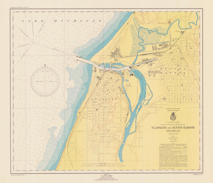Lake Michigan Map - St. Joseph and Benton Harbor - 1947