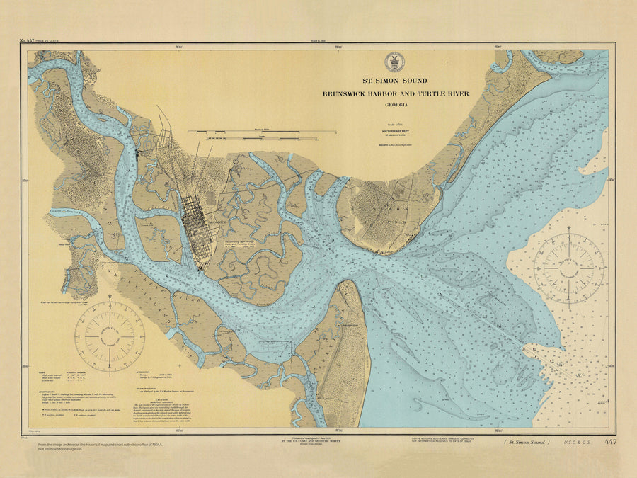 St. Simons Sound - Brunswick Harbor and Turtle River Map (blue) - 1925