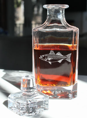 Striped Bass Engraved Whiskey Decanter - 26oz Square Crystal Decanter with Stopper