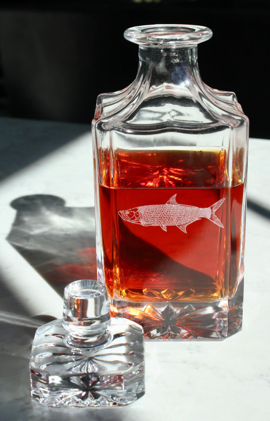 Tarpon Engraved Whiskey Decanter - 26oz Square Crystal Decanter with Stopper