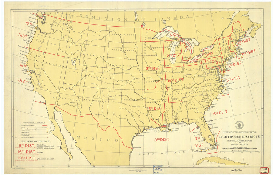 United States Light House Districts Map - 1918