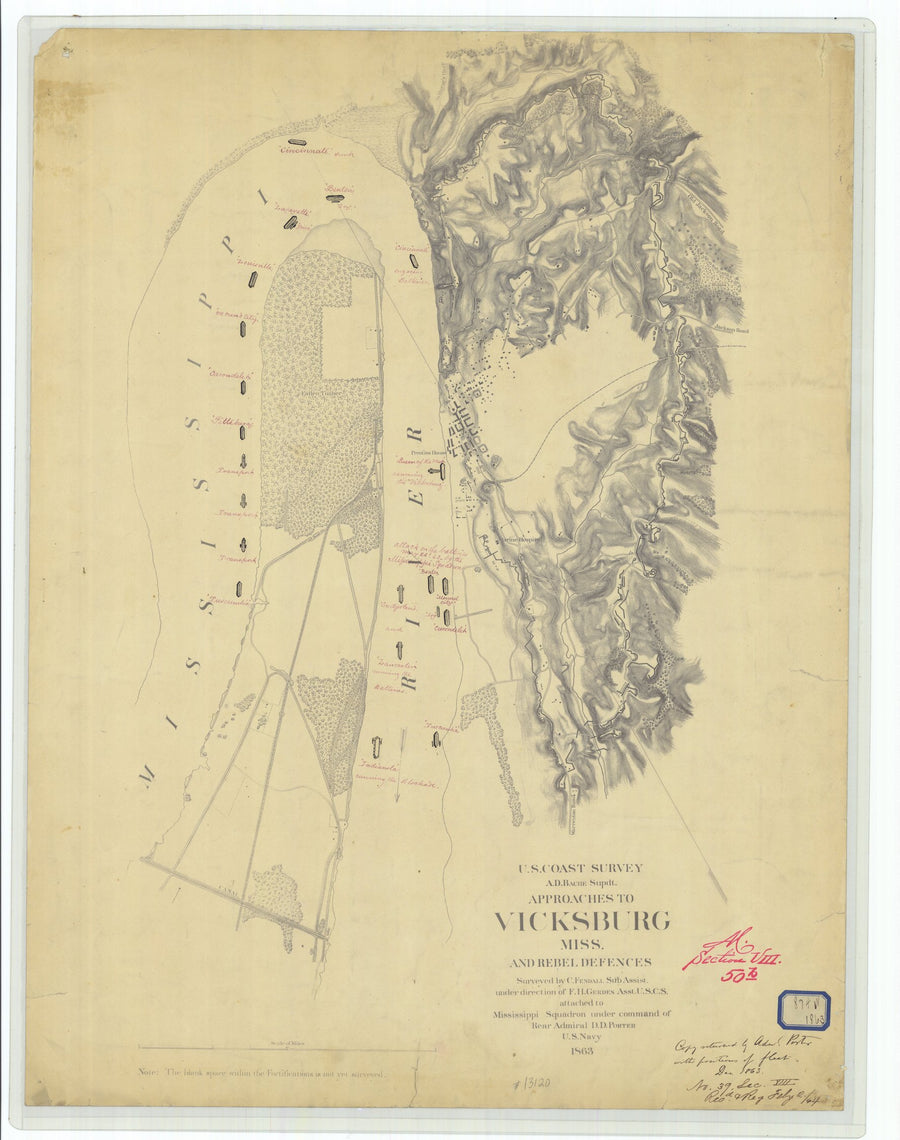 Vicksburg Mississippi and Rebel Defences Map - 1863