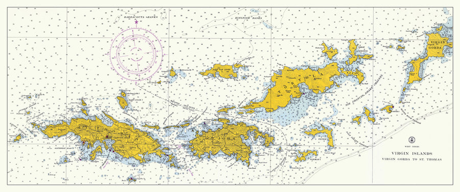 Virgin Islands Map - St. Thomas to Virgin Gorda 1962 - LONG VERSION